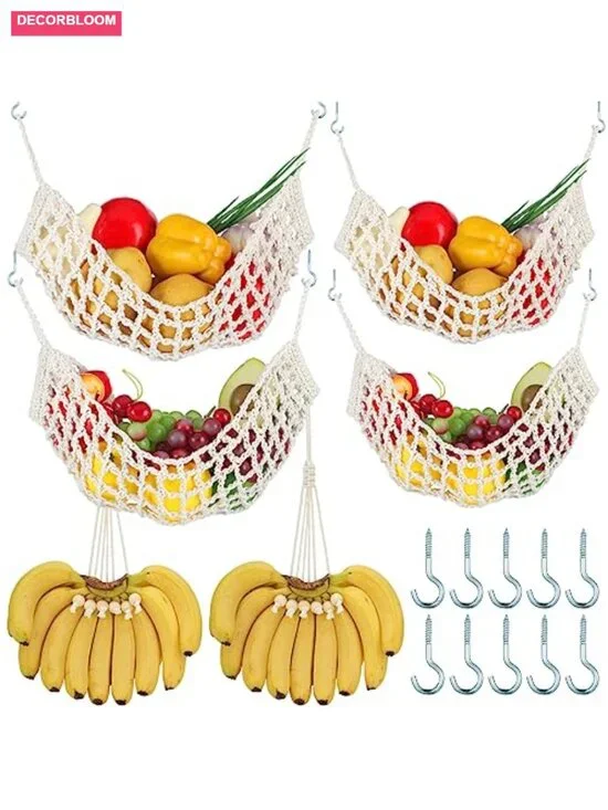Macrame Hanging Fruit Hammock Set Under Cabinet Banana Holder Boho Kitchen