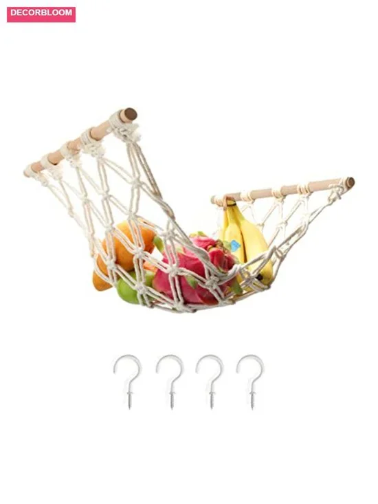 Hand-Woven Cotton Fruit Hammock with Hooks, Rectangle Kitchen Storage Basket