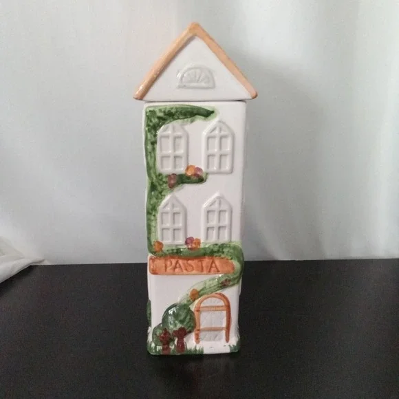 Vintage Style Ceramic Tall Pasta Canister House Shape Hand Painted 12.5 Inch