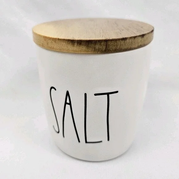 Rae Dunn Ceramic Salt Cellar Canister with Wooden Lid Farmhouse Decor White