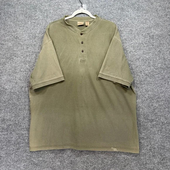 L.L. Bean Henley Shirt Men XL‎ Olive Green Cotton Three Button Casual Faded Wash