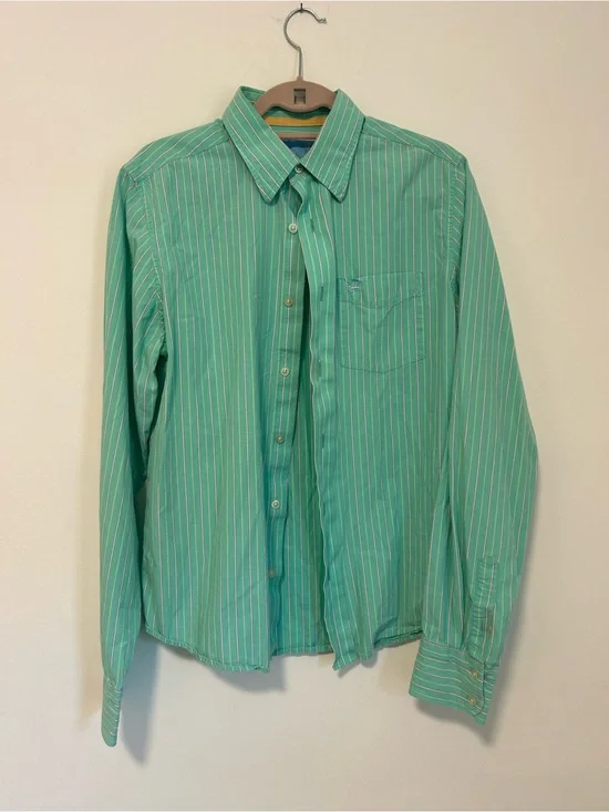 Hollister Green and White Vertical Stripe Dress Shirt