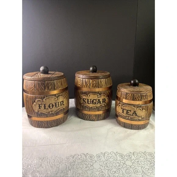 1960's Set of 3 MCM Treasure Craft Ceramic Canister Barrel Flour Sugar Tea