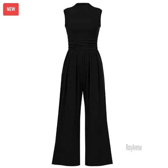 Sleeveless Mock Neck Wide Leg Jumpsuit with Pockets - Ribbed Knit