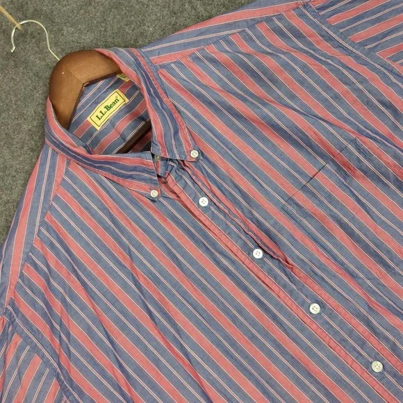 LL Bean Mens XXL Button Down Shirt Blue Red Striped Long Sleeve Regular Ext