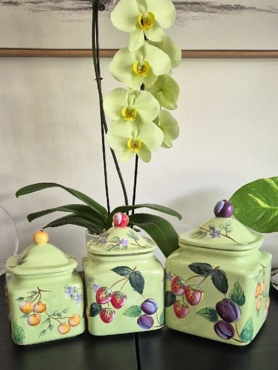 Vintage Hand-Painted Green Fruit Ceramic Canister Set Of 3