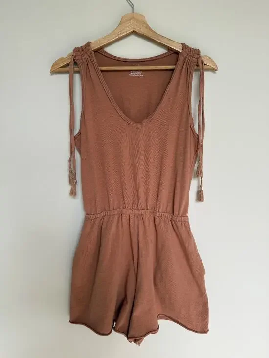 Aerie Womens S Romper Terracotta Tie Shoulder Tassel Boho Cotton Jersey Vacation