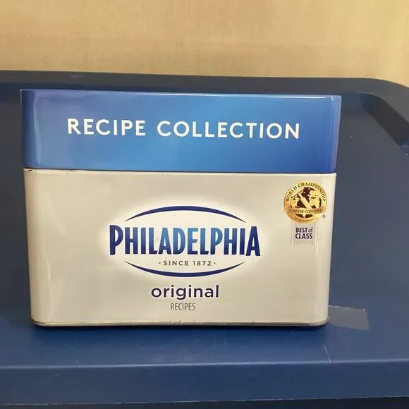 Philadelphia cream cheese recipe metal box w/ recipes 2017 some handwritten