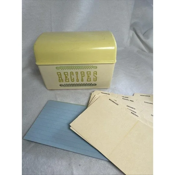 Vintage Mid-Century Modern Yellow Plastic Recipe Box with Assorted Recipe Cards