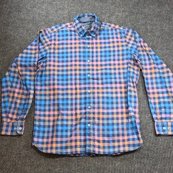 Bugatchi Button Down Shirt Mens L Blue Orange Plaid Excellent Classic Fit Cotton