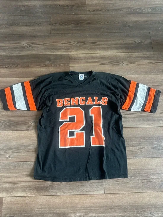 Vintage Bengals #21 Black & Orange Football Logo 7 Raglan Tee NFL Sz L