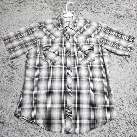 Wrangler Wrancher Shirts Mens Large‎ Western Cowboy Pearl Snap Ombre Plaid Check