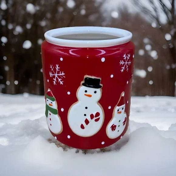 Hallmark Snowman‎ Ceramic Canister Red Holiday Kitchen Decor OS Snowflake Jar
