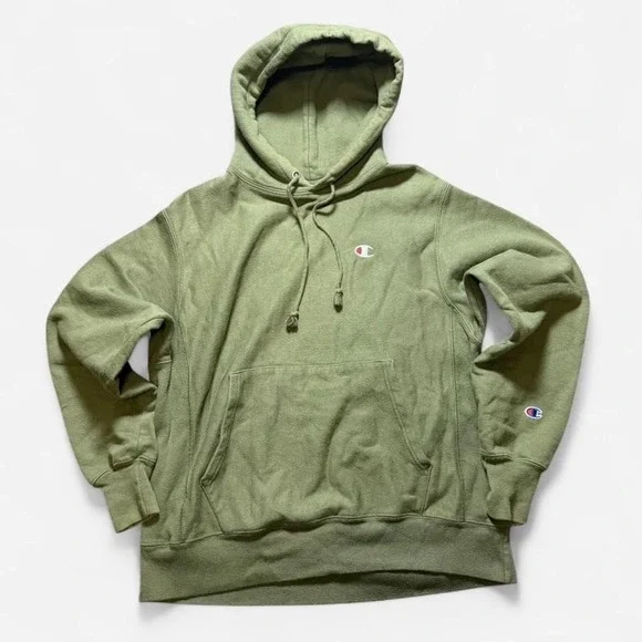 Vintage Y2K Champion Reverse Weave‎ Army Green Hoodie Frayed Pull Strings Size M