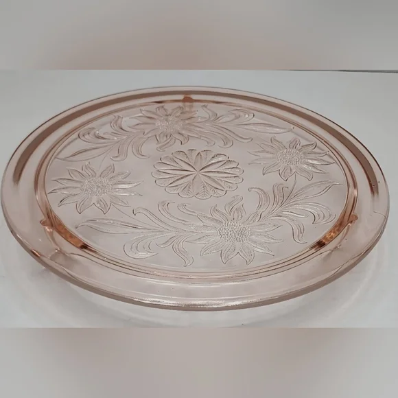 Jeannette Sunflower Style Glass Pink Depression Footed Cake Plate
