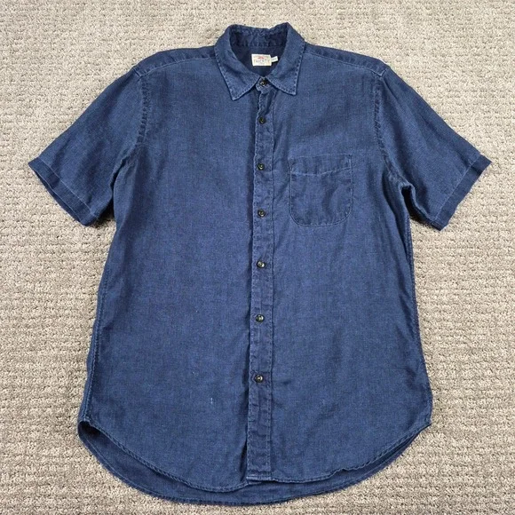 Faherty Shirt Mens M Blue Palma Linen Short Sleeve Indigo Basketweave Chambray