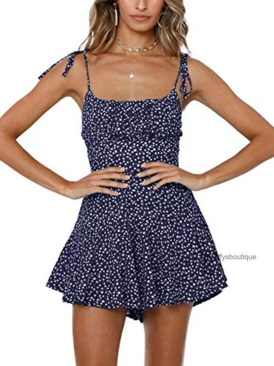 Women's Boho Floral Wide Leg Short Romper Spaghetti Strap Smocked Jumpsuit