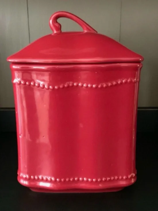 Princess House Pavilion Berry Red Ceramic Large Canister. New in box