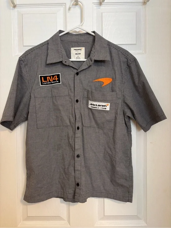 Hollister Gray Short-Sleeve Button-Down with Orange McLaren Details
