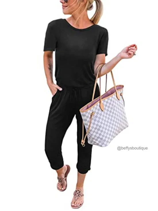 Short Sleeve Casual Jumpsuit with Pockets & Button Closure