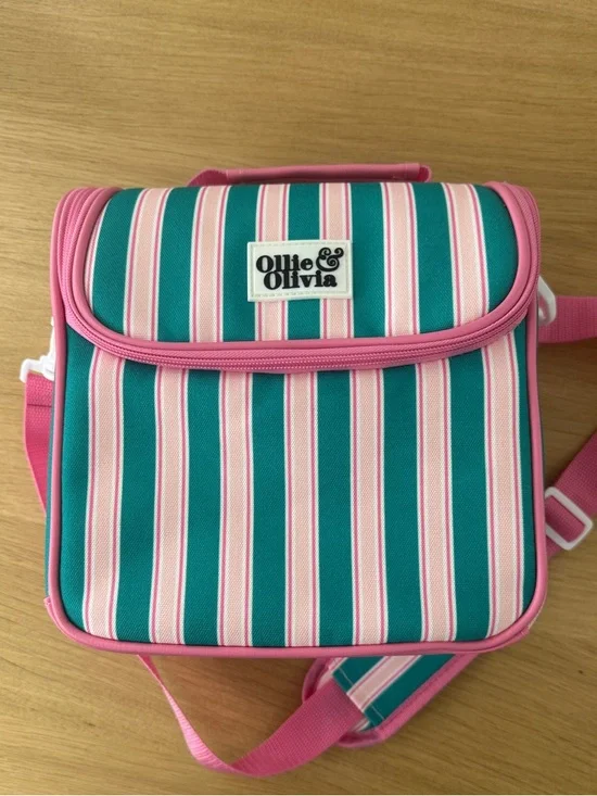 Ollie & Olivia Striped Pink Teal Lunch Cooler Crossbody Bag