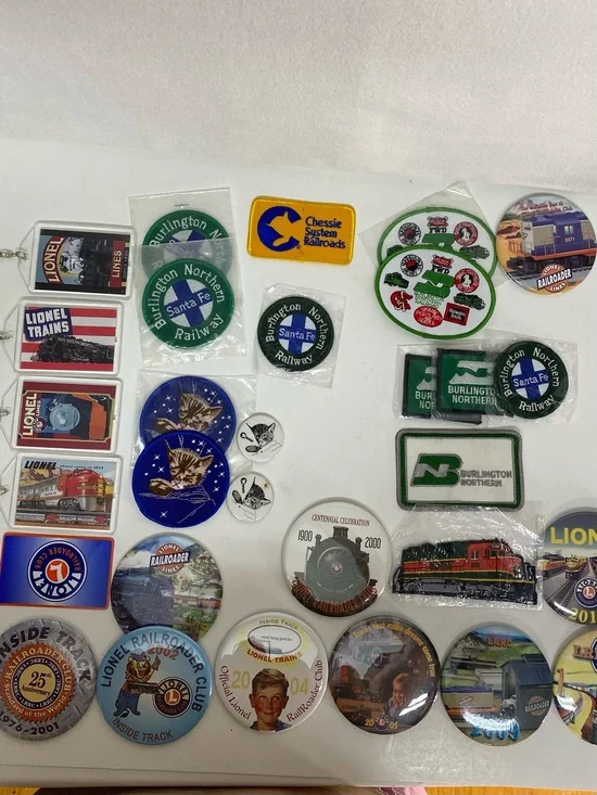 Railroad Train Themed Memorabilia  Lot of 28+ Patches Pinback Buttons Keychains