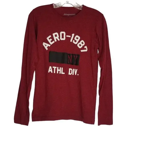 ❤️2/$12 Aeropostale Shirt Aero 87 Long Sleeve Cotton T-shirt Maroon Mens S