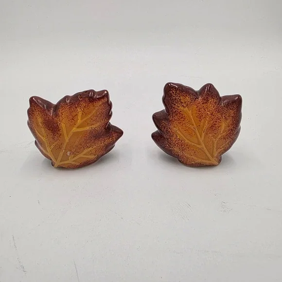 Autumn Maple Leaf Salt and Pepper Shakers Set Brown Orange Ceramic Fall Decor