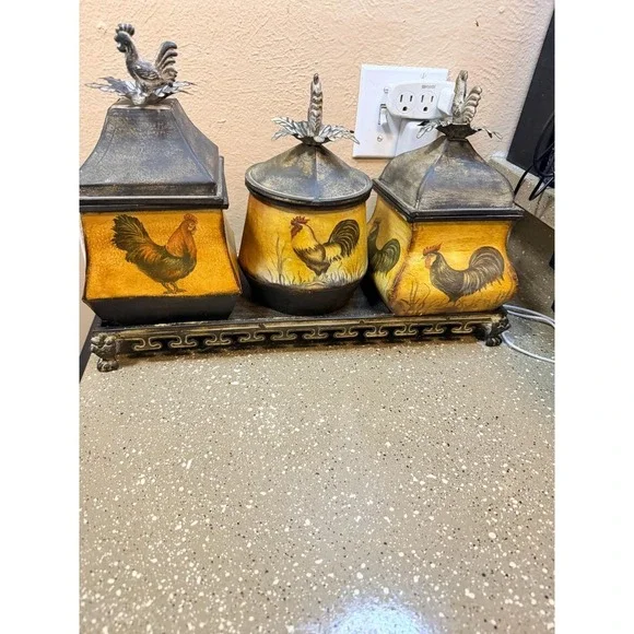 Vintage CBK Country Rustic Kitchen Storage Canister‎ Rooster Set w Tray 18x12x6