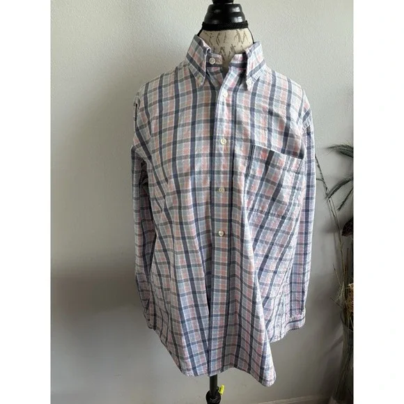 Brooks Brothers Shirt Men Large Blue Pink Regent Cotton‎ Button Down Check Plaid