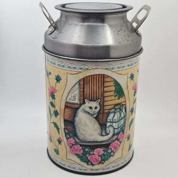 Vintage‎ Cat Milk Can Cookie Jar Tin Canister Cottagecore Farmhouse Kitty Decor