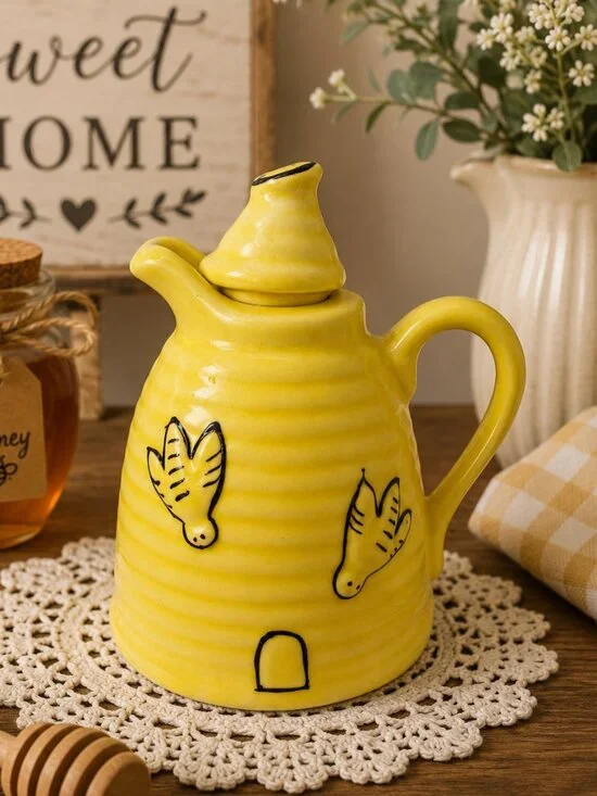 Vintage Ceramic Beehive Honey Pot Jar Yellow Bee Design Lid 5