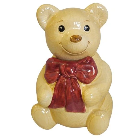 Vintage Metlox Golden Teddy Bear Cookie Jar Red Bow Calif USA MCM Mint 11-inch