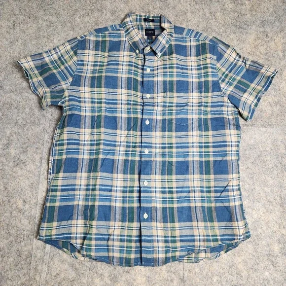 J‎ Crew Linen Blend Shirt Men L Blue Multicolor Scotch Plaid Slim Fit Preppy