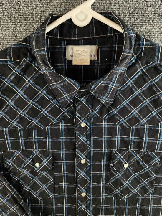 Wrangler Men Long Sleeve Pearl Snap Up Shirt Woven Western Black Plaid XL Adult