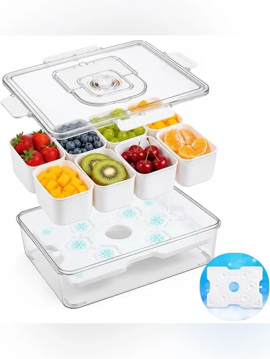 Snackle Travel Box w/Ice Pack~8 Sections w/Smart Drain~Built-in Date Marker NEW