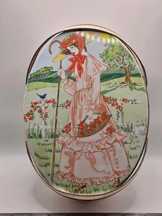VTG Deer Park Baking Co. Picnic Cookie Tin with Shepherdess Illustration