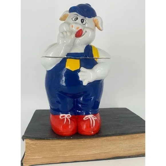 Vintage Cookie Jar-Ceramic Farmer Pig- MCM Farmhouse, Flawless