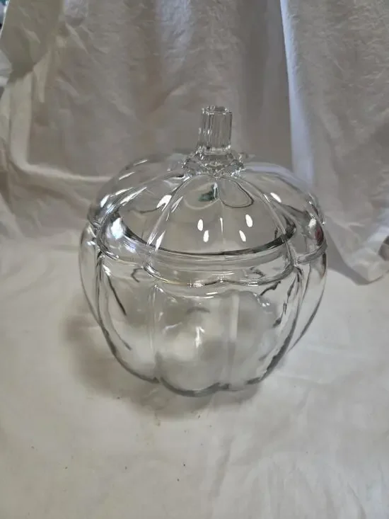 Pumpkin Shaped Glass Candy Jar with Lid for Fall Food Storage Decor