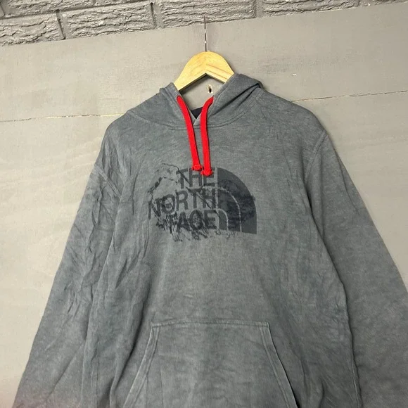 The‎ North Face Mens XL Hoodie Grey Distressed Graphic Logo Pullover Sweatshirt