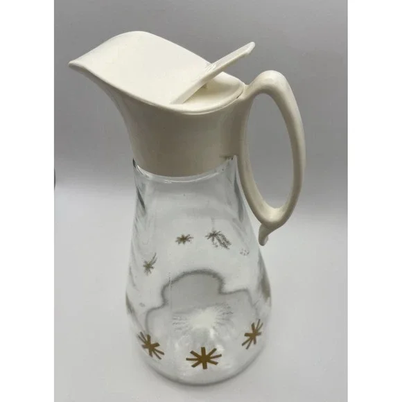 Vintage Log Cabin Syrup Dispenser Glass Gold Starburst Atomic 1960s