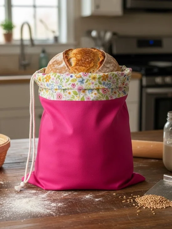 Organic Pink Floral Bread Bag, Reusable Sourdough Cotton Bread Storage Bag