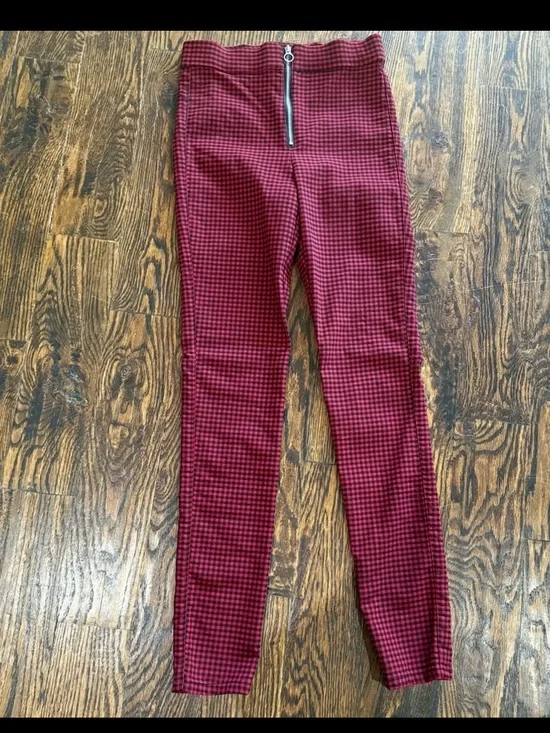Garage Red Black Check Plaid Zipper Leggings - Womens Small EUC