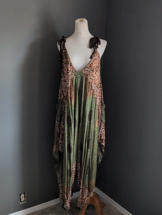 Boho Green and Browtn Tie-Strap Harem Jumpsuit OS Fits Most