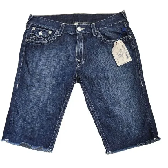 True Religion NWT 36 Denim Cut Off Shorts Raw Hem Flap Pockets Streetwear Y2K
