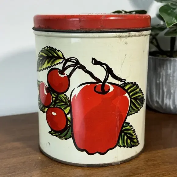 Vintage Ballonoff Canister Tin Red Apple Cherry Fruit Kitchen Storage Cleveland