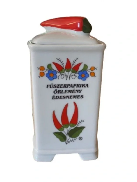 Vintage Kalocsa Ceramic Hungarian Paprika Spice Jar White with Red Pepper Lid 5”