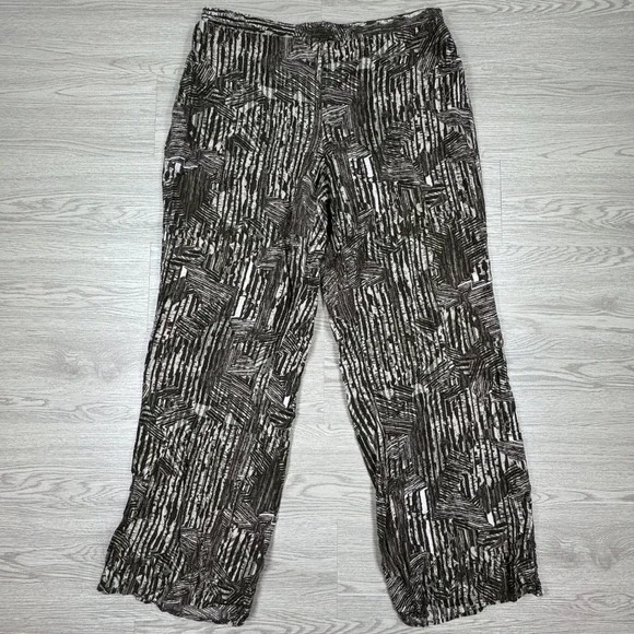 Chico's Women's Pants Brown White Abstract Print Elastic‎ Waist Rayon Size 2
