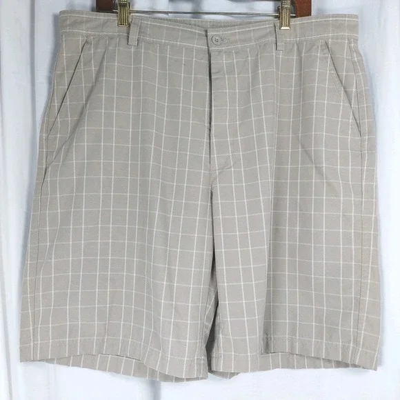 Bolle' Mens Golf‎ Shorts Sz 38 Tan White Check Flat Front Quick Dry *READ