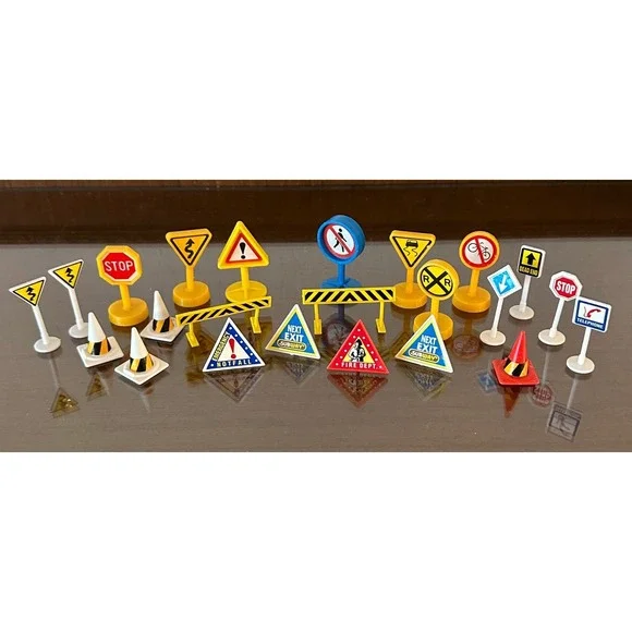 Vintage Miniature Plastic Road Signs Traffic Cones Barriers Toy Set 20+ Pieces